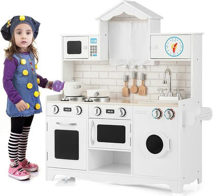 HONEY JOY Kids Kitchen Playset, 31 Inch Rooftop Wooden Play Kitchen for Toddlers, Microwave, Clock, Washing Machine, Cookware, Little Chef Pretend Play Toy Kitchen Set, Gift for Boys Girls, White