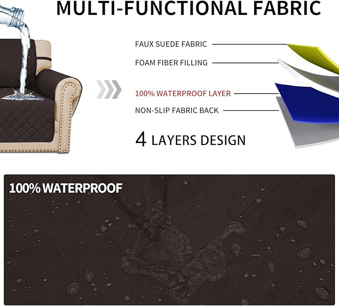 Easy-Going Waterproof Oversized Loveseat Covers Leakproof Couch Cover for 2 Cushion Couch Sofa Cover Washable Sofa Slipcover Non-Slip Furniture Protector with Pocket for Pets (Medium-XL, Chocolate)