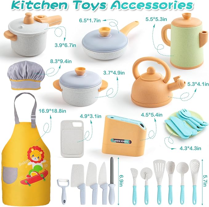 Sundaymot Play Kitchen Accessories Toddler Pretend Cooking Play Pots, with Apron, Toys Pots and Pans, Dishes Cookware Toys, Pre School Learning Educational Toys, Birthday Gifts for Boys and Girls