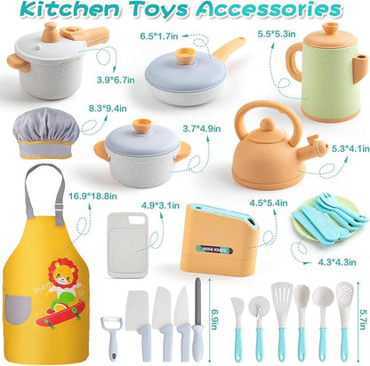 Sundaymot Play Kitchen Accessories Toddler Pretend Cooking Play Pots, with Apron, Toys Pots and Pans, Dishes Cookware Toys, Pre School Learning Educational Toys, Birthday Gifts for Boys and Girls