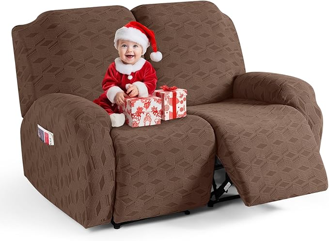 TAOCOCO Recliner Loveseat Cover, Stretch Jacquard Reclining Loveseat Cover Furniture Protector Sofa Slipcovers 2 Seat Recliner Covers with Elastic Bottom for Kids, Pets(Brown)