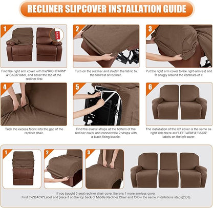 VANSOFY Recliner Cover, 3-Pieces Stretch Reclining Couch Covers with Pockets Reclining Sofa Slipcovers 3 Seater Soft Washable Furniture Protector for Dogs Cats(Light Coffee)