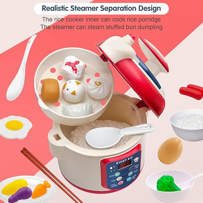 25PCS Kids Kitchen Pretend Play Toys, Mini Electronic Rice Cooker Toys, Cooking Toys with Music Steam Effect, Cookware Kits Kitchen Playset Food Accessories for Toddlers Boys Girls