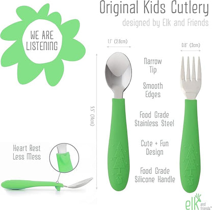 Elk and Friends Silicone Suction Plate for Babies/Toddlers + Stainless Steel Silverware Feeding Set | Divided Plate | Suction Design | Forks + Spoons Included | 3 Pack
