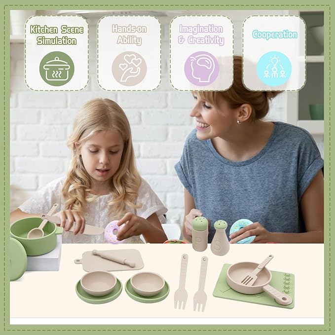 Play Kitchen Accessories, Silicone Pretend Play Kitchen Toys Set, Play Kitchen Pots and Pans Set for Kids, Learning Education Cooking Toys for Girls and Boys(Green)
