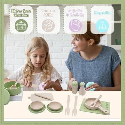 Play Kitchen Accessories, Silicone Pretend Play Kitchen Toys Set, Play Kitchen Pots and Pans Set for Kids, Learning Education Cooking Toys for Girls and Boys(Green)