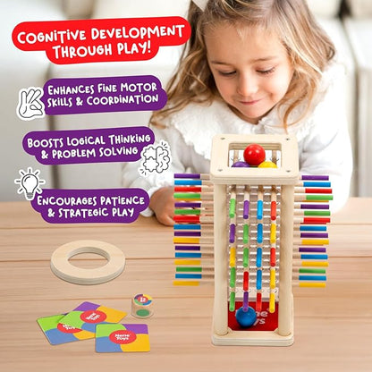 Nene Toys BALLFALL - Montessori Wooden Board Game for Kids Ages 3-9 – Educational Toy for Fine Motor Skills & Logical Thinking – Classic Family Tower Game with Colorful Sticks, Dice & Cards