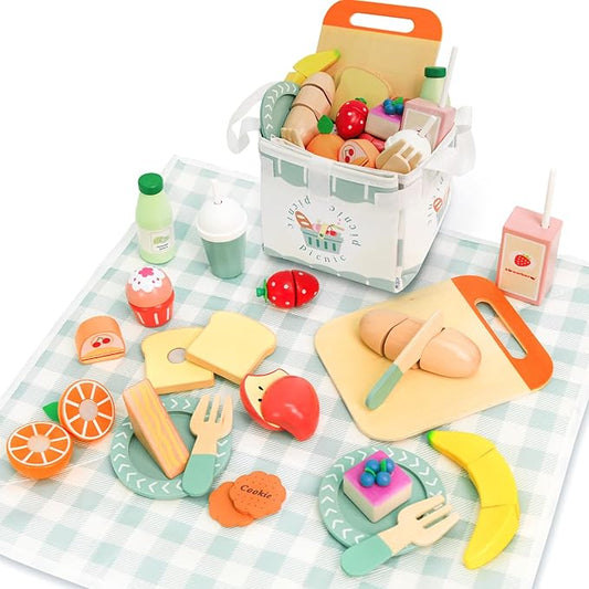 Picnic Playset - Wooden Play Food - Play Food Sets for Kids Kitchen - Pretend Food, Toy Food with Multifunctional Storage Bag, Non-Toxic Toy Picnic Set Best Gift for 3+ Toddlers