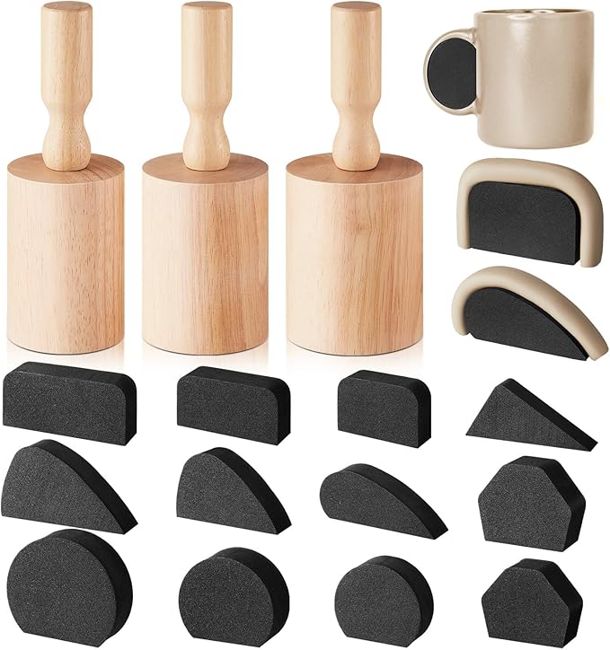 Juexica Pottery Molds for Making 15oz 18oz 20oz Ceramic Mugs, 3 Pcs Cup Clay Press Mold Set with 12 Mug Handle Forms, 3.1'' 3.4'' 3.7'' Wood Pottery Shaping Tools for DIY Art Craft Making