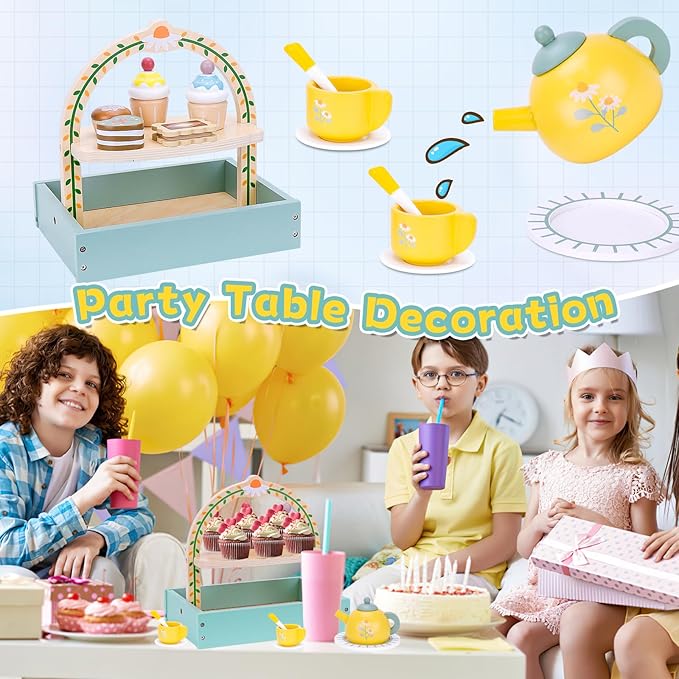 Hysagtek Wooden Tea Party Set for Little Girls, Toddler Tea Set with Cupcake Stand,Teapot Tea Cup Dessert Toys Tea Set Pretend Accessories for Girls Christmas Birthday Gift