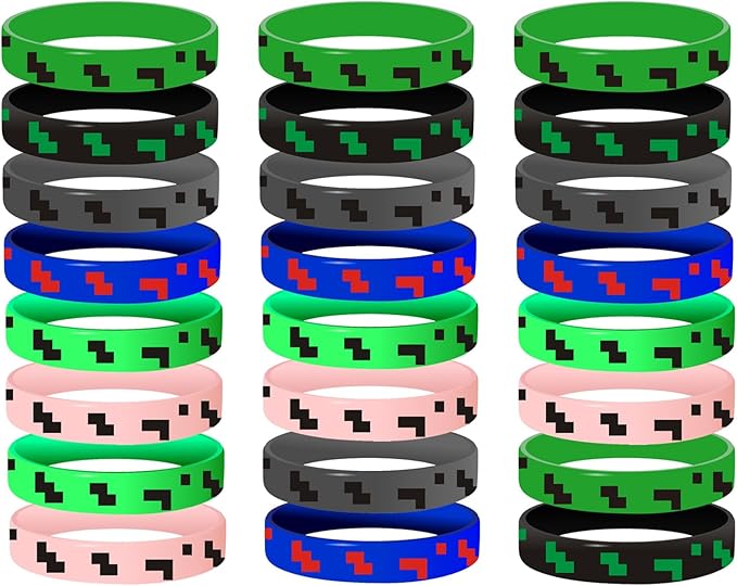 Pixel Miner Theme Party Favors, 24 Pieces Silicone Bracelets Wristband Small Size,Birthday Party Supplies,Valentines Day Gifts for Kids Classroom
