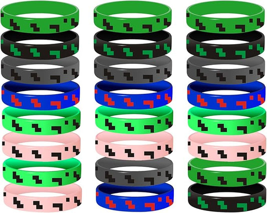 Pixel Miner Theme Party Favors, 24 Pieces Silicone Bracelets Wristband Small Size,Birthday Party Supplies,Valentines Day Gifts for Kids Classroom