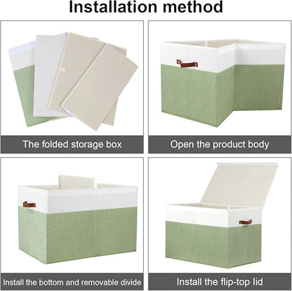 Gowee Large Toy Storage Box with Lid, Sturdy Toys Storage Chest Bin Organizer Basket with Dividers for Kids, Boys, Girls, Nursery, Closet, Bedroom, Playroom 26"x17" x17" (Green and White)