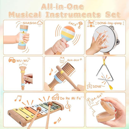 Baby Musical Instruments for Toddlers 1-3, 12PCS Montessori Musical Toy Set with Xylophone, Drum, Maracas...Perfect Toy Gift for 1-3 Year Old Boy Girl