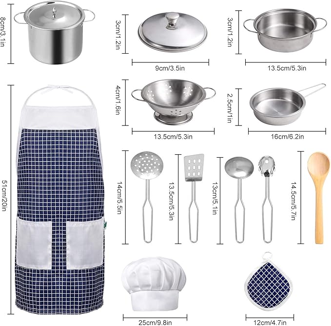 Play Kitchen Accessories, Kids Kitchen Pretend Play Toys, Kitchen Set with Stainless Steel Cooking Utensils Cookware Pots and Pans Set Healthy Vegetables, Knife, Apron, Little Chef Boys Girls