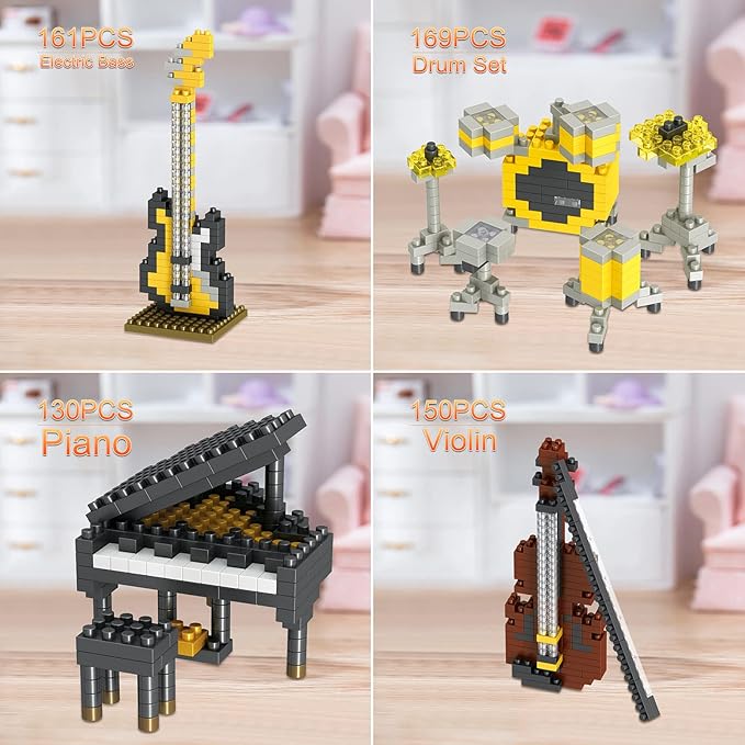 Mini Music Building Blocks Musical Instruments Sets Toys 4 Packs for Party Favors for Kids, Micro Mini Blocks Bricks Kit Electric Bass,Drum Kit,Violin,Grand Piano Goodie Bags,Prizes,Birthday Gifts