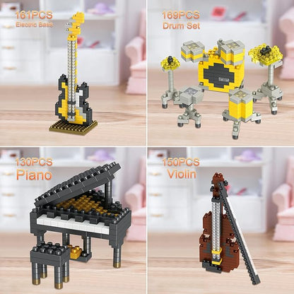 Mini Music Building Blocks Musical Instruments Sets Toys 4 Packs for Party Favors for Kids, Micro Mini Blocks Bricks Kit Electric Bass,Drum Kit,Violin,Grand Piano Goodie Bags,Prizes,Birthday Gifts