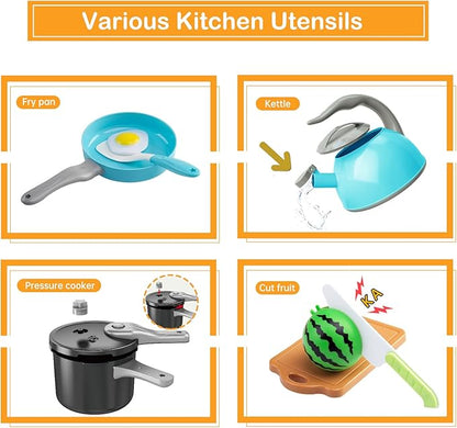 130Pcs Kitchen Playset, Toddler Pretend Cooking Play Pots, Pans, Utensils Cookware, Daily Food Fruit Veges, Shopping Storage Basket, Dessert, Prop Money, Learning Gift for Child (Turquoise)