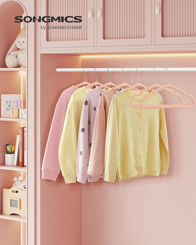 SONGMICS Kids Hangers 50 Pack, 14 x 8 Inches, Baby Hangers for Closet, Non-Slip Velvet Hangers, Childrens Hangers, Space-Saving Clothes Hangers, Wide Shoulder Notches, Coral Pink UCRF038R01