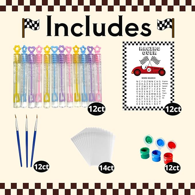 GEECOZYLIFE Race Car Painting Party Favors - 12 PCS Race Car DIY Wood Crafts Kit with Bubble Wands - Birthday Supplies Classroom Rewards Gifts Bulk - Thank You for Coming Gifts