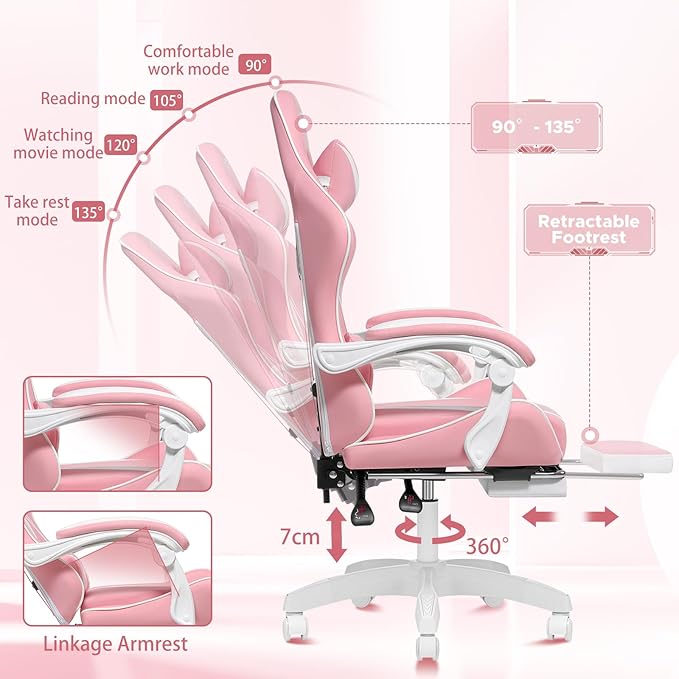 HOFFREE Pink Gaming Chair with Massage for Girls Cute Computer Gamer Chair with Footrest and Lumbar Support Reclining PC Game Chair with Headrest for Gaming Room