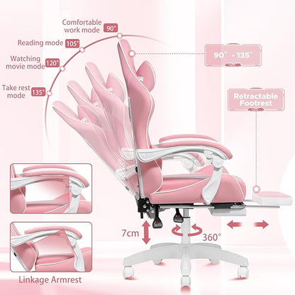 HOFFREE Pink Gaming Chair with Massage for Girls Cute Computer Gamer Chair with Footrest and Lumbar Support Reclining PC Game Chair with Headrest for Gaming Room
