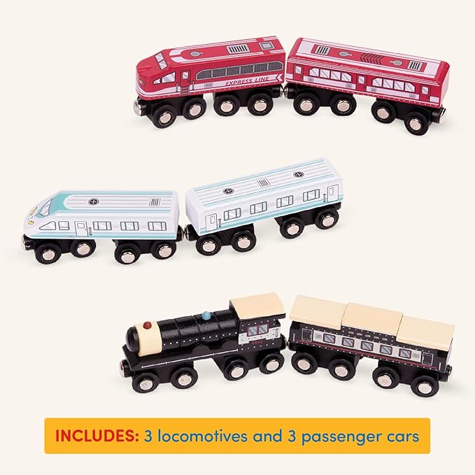 Battat – Classic Trains – 6Pc Wooden Railroad Set – Magnetic Toy Trains – Train Engines & Cars – 3 Years + – Wooden Passenger Trains