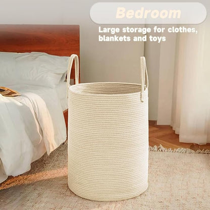 JMvicyroam Large Woven Laundry Basket Hamper,100L Cotton Rope Storage Bin for Blankets,Toys and Clothes,Decorative Tall Nursery Hamper for Living Room,Baby Nursery,Bathroom and Bedroom,Beige