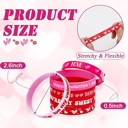 60 Pcs Valentine's Day Silicone Wristband 6 Designs Red Pink Love Heart You're My Sweet Rubber Bracelets for Wedding Anniversary Birthday Party Favor Supplies