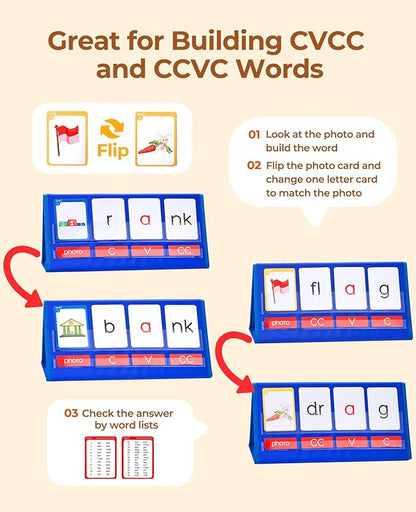 Gamenote Word Building Desktop Pocket Chart - CVCC & CCVC Word Phonics Game，Sight Words Flash Cards Kindergarten Classroom Must Haves，Blending Board for Kids Learning Reading and Spelling
