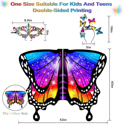 Butterfly Wings For Girls, Double-Sided Fairy Wings, Halloween Costumes for Kids, 3PCS Butterfly Cape Set.