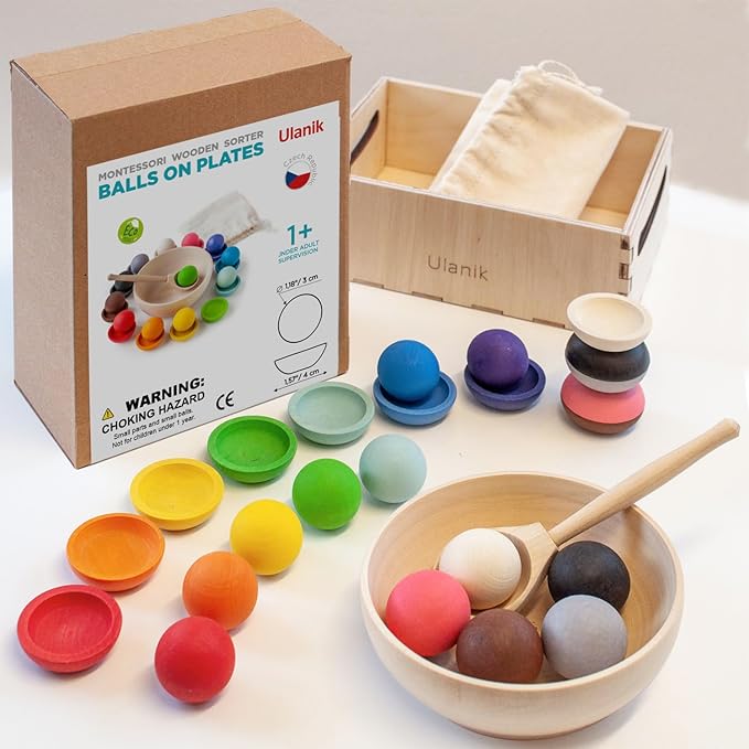 Ulanik Balls on Plates Toddler Montessori Toys for 1+ Year Old Kids Wooden Matching Game for Learning Color Sorting and Counting — 12 Balls, 1.18 in