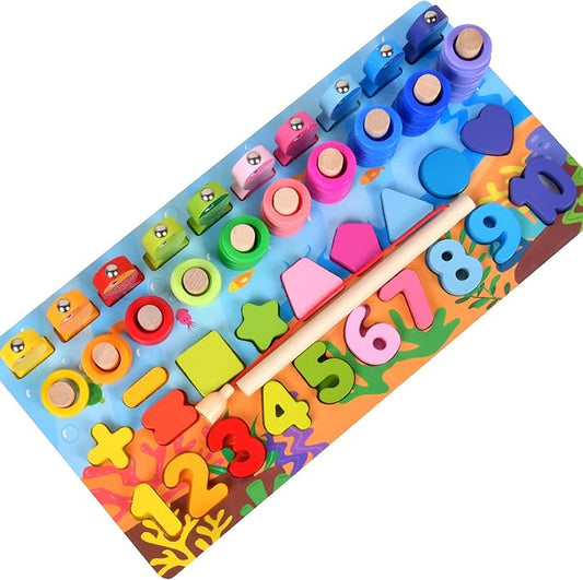 Wooden alphanumeric Shapes Jigsaw Ring Count Classification Toys Math Shapes Building Blocks Toddler Learning Playboard Math Fishing Educational Toys Montessori Educational Toys (color3)
