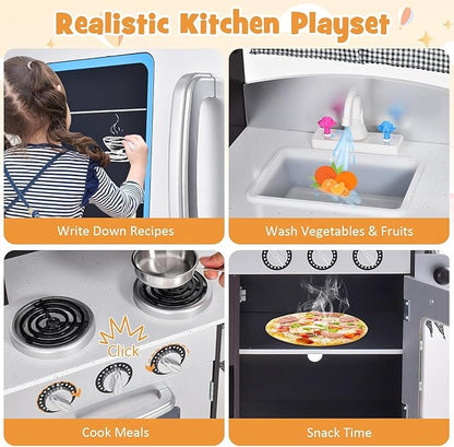 HOMGX Multi-Function Children's Kitchen Toy Set, Wooden Chef Pretend Toy Set w/Microwave, Stove, Sink, Faucet, Storage Cabinet & Shelf,Children's Play Kitchen for Boys & Girls Over 3 Years Old