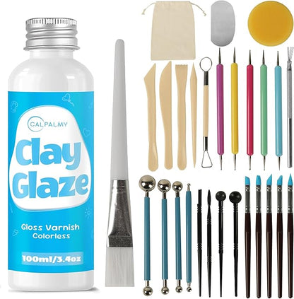 CALPALMY 100ml Gloss Air Dry Clay Glaze with 29pcs Clay Tools Kit – Clay Varnish Sealant for Surface Protection, Pottery and Sculpting Tools for Carving, Shaping, and Molding Crafts