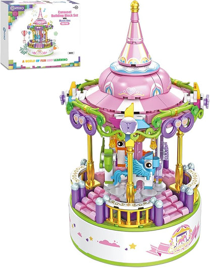 Contixo Building STEM Toys - BK02 488 PCS Carousel Music Boxes, Horse Rotating Building Blocks, Kids Building Toys for Girls Boys, Birthday Gifts for Adults, Daughter Christmas Festival Music Box