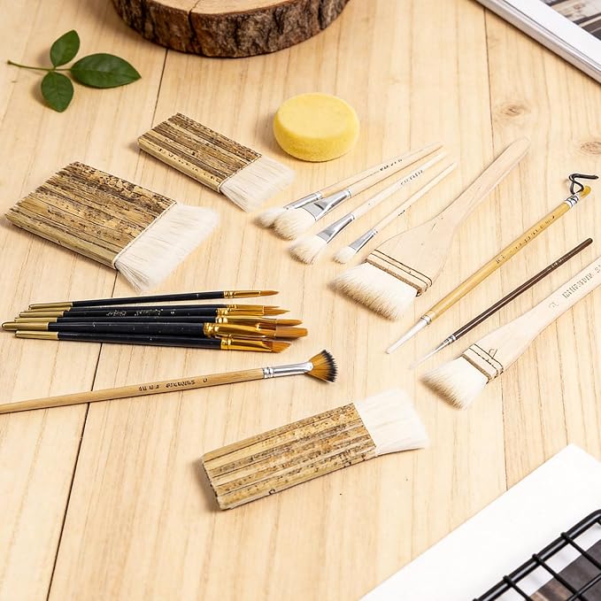 Set of 14 Wool Soft Pottery Glaze Brushes for Ceramic Glazing Acrylic Watercolor Oil Painting, Includes Sponge, Mop, Hake, Sumi, Fan, Fine Brush Bristle for Clay Kiln Blending Supplies