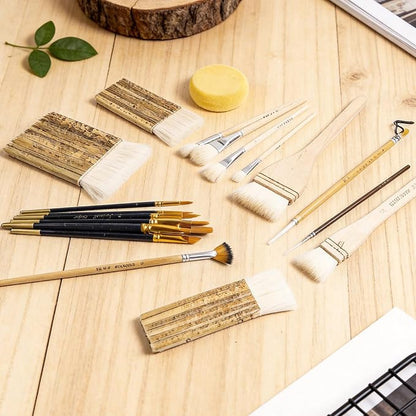 Set of 14 Wool Soft Pottery Glaze Brushes for Ceramic Glazing Acrylic Watercolor Oil Painting, Includes Sponge, Mop, Hake, Sumi, Fan, Fine Brush Bristle for Clay Kiln Blending Supplies