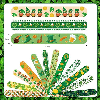 24Pcs St. Patrick's Day Slap Bracelets Green Shamrock Hat Beer Slap Bands Irish Clover Wristbands Snap Bracelets for Boys Girls Women Birthday Saint Patrick's Party Supplies