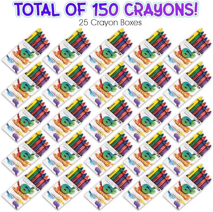 ArtCreativity Bulk Crayon Packs, 25 Sets of 6 Packs (150 count) Non-Toxic Crayons Bulk Individual Packs for Kids & Classroom Teachers, Stocking Stuffers, Crayons Party Favors for Toddlers 1-3+