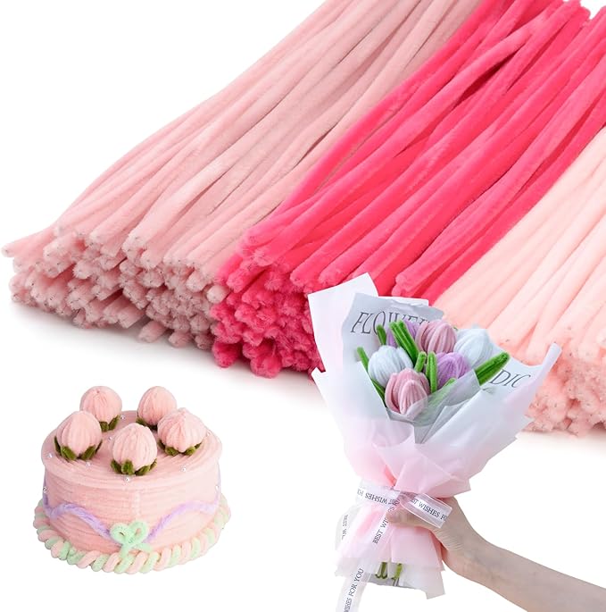 Caydo 300 Pieces Pink Pipe Cleaners, Thick Fluffy Chenille Stems, Pipe Cleaner Crafts for Arts & Crafts, Perfect for Making Animals, Flowers, and Easter Decorations