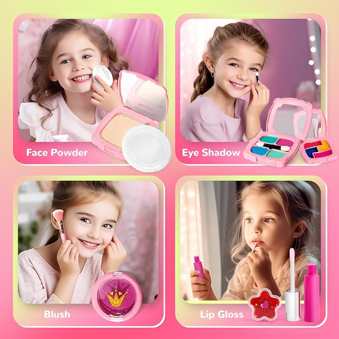 Kids Real Makeup Kit for Little Girls - Real, Non Toxic, Washable Make Up Toy - Toys Gift for 3 4 5 6 7 8 9 10 12 Years Old Girls Birthday