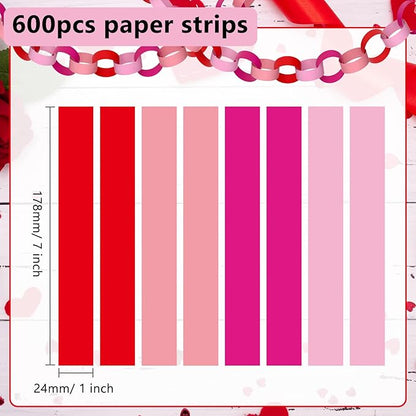 CHRORINE 600 Pcs Valentine's Day Paper Chains Red and Pink Color Paper Strips for Wedding Party Decorations DIY Crafts Supplies (Pink Red, 1 x 7.08 inches)