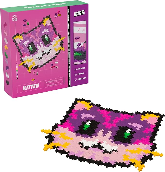 Plus Plus Puzzle By Number, 500 Piece Mini Interlocking Hashtag Color Blocks, 3D Pixel Art Kit for Kids - Kitten