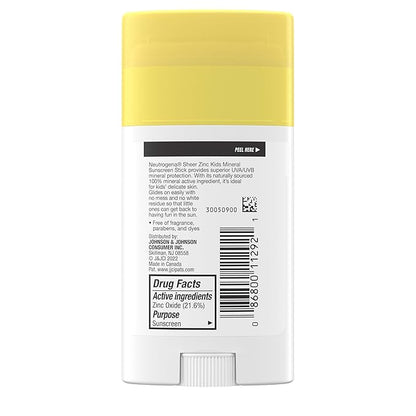 Neutrogena Sheer Zinc Oxide Kids Mineral Sunscreen Stick, Broad Spectrum SPF 50+ & UVA/UVB Protection & Water Resistant with Residue-Free, No-Mess Application, Oil- & Paraben-Free, 1.5 oz