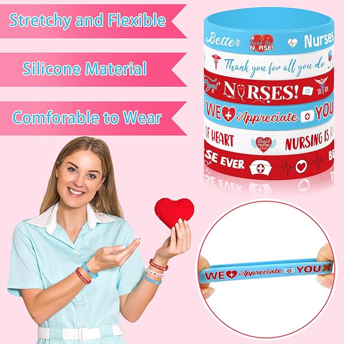 JUNEBRUSHS 42pcs Thank You Nurse Party Favors Silicone Bracelets Graduate Inspirational Rubber Wristbands Accessories for Nurse Appreciation Week Decorations Party Favors Supplies(6 Designs)