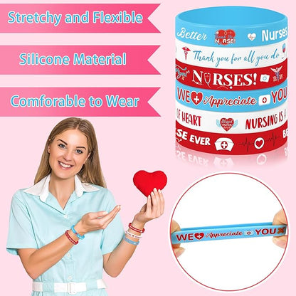 JUNEBRUSHS 42pcs Thank You Nurse Party Favors Silicone Bracelets Graduate Inspirational Rubber Wristbands Accessories for Nurse Appreciation Week Decorations Party Favors Supplies(6 Designs)