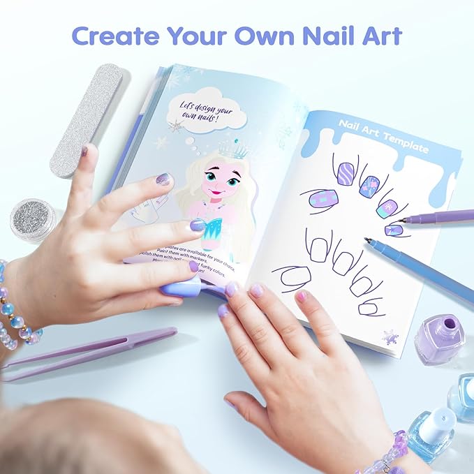 Tomons Kids Nail Polish Set for Girls, Non Toxic Nail Polish Art Kit for Kids Ages 7-12, Frozen Toys Gifts for 8 9 10 11 12 Girl, Bracelets, Glitter, Sequins, Stickers - 8 Colors