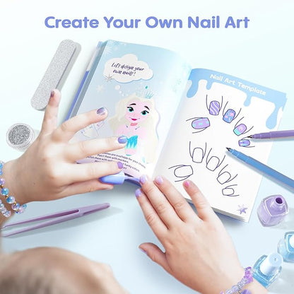 Tomons Kids Nail Polish Set for Girls, Non Toxic Nail Polish Art Kit for Kids Ages 7-12, Frozen Toys Gifts for 8 9 10 11 12 Girl, Bracelets, Glitter, Sequins, Stickers - 8 Colors