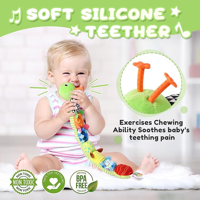 Awotoy Baby Toys 0 to 12 Months, Musical Stuffed Animal Activity Soft Toys with Multi-Sensory Crinkle, Rattle and Textures, Infant Tummy Time Toys for Newborn Boys Girls, Caterpillar, Green